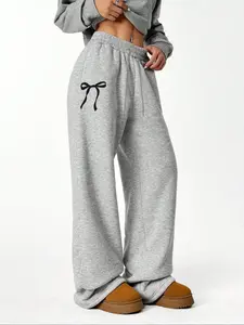 Gray casual sports trousers, bow pattern print, elastic waist drawstring wide leg straight pants, four seasons pocket women's pants, outdoor casual sports suitable for daily wear, Casual Comfy Sweatpants