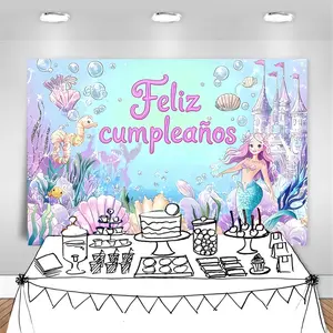 Ocean mermaid birthday party background banner - mermaid, undersea castle, fish, shell and bubble design, polyester material, suitable for indoor/outdoor wall decoration and party background, garden and room decoration, home decoration, holiday party