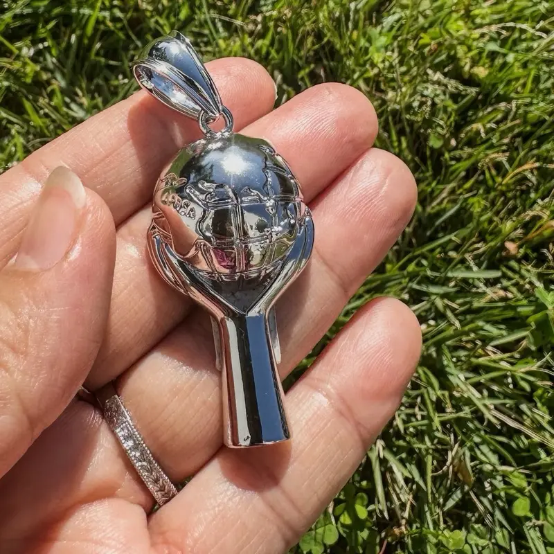 925 Sterling Silver Earth Pendant [World in My Hands Pendant], 2.5” long,  1” wide, weighted -20.1g