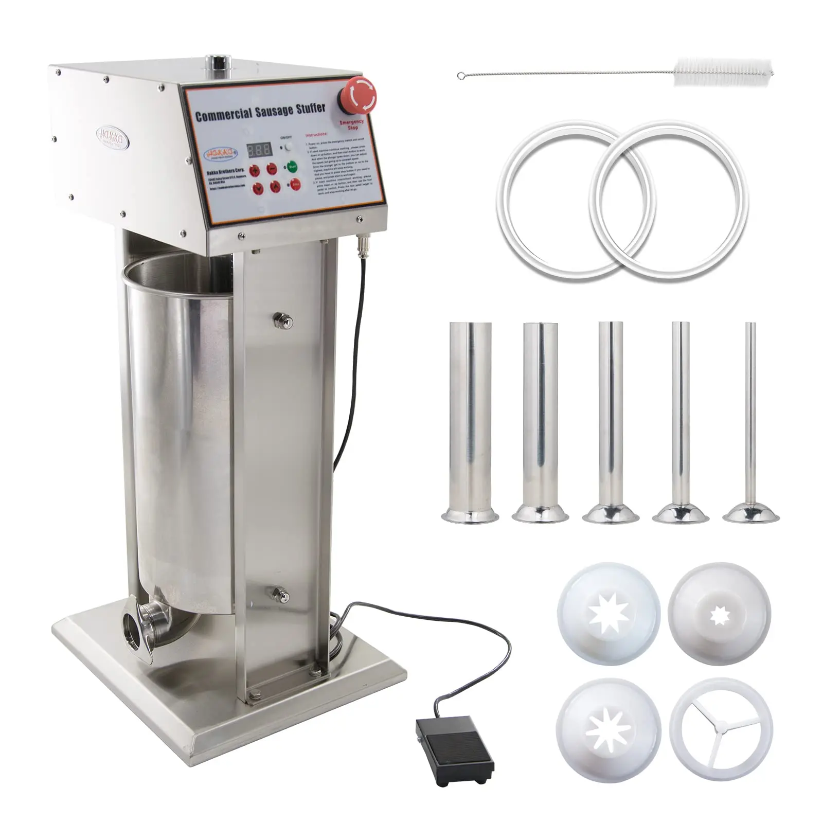 Hakka Commercial 25 LB Stainless Steel Electric Vertical Sausage Stuffer Maker, 110V, with 10/16/22/32/38mm Stainless Steel Funnels, 2 Sealing Rings, Cleaning Brush, 14.6" x 13" x 26.8" Dimensions
