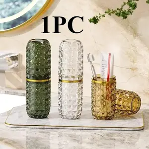 1pc Light Luxury Diamond Pattern Travel Wash Cup Portable Toothbrush Cup Wash Mouth Cup Toilet Toothpaste Box Storage Set Bathroom Accessory 1Set
