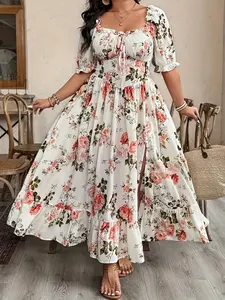 Women's Spring Summer Plus Size Fashion Casual Shirred Floral Print Elegant Dress, Short Sleeve Midi Loose-Fitting Woven Fabric, Elegance
