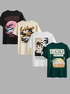4-Pack Men's Vintage California Graphic T-Shirts - Soft Crew Neck Short Sleeve Tops with Retro Tropical Palm Tree & "God Is Good" Prints, Oversized Casual Menswear Streetwear Tees, Breathable Daily Wear for Summer Beach Vacation, Unisex for Teens & Adults