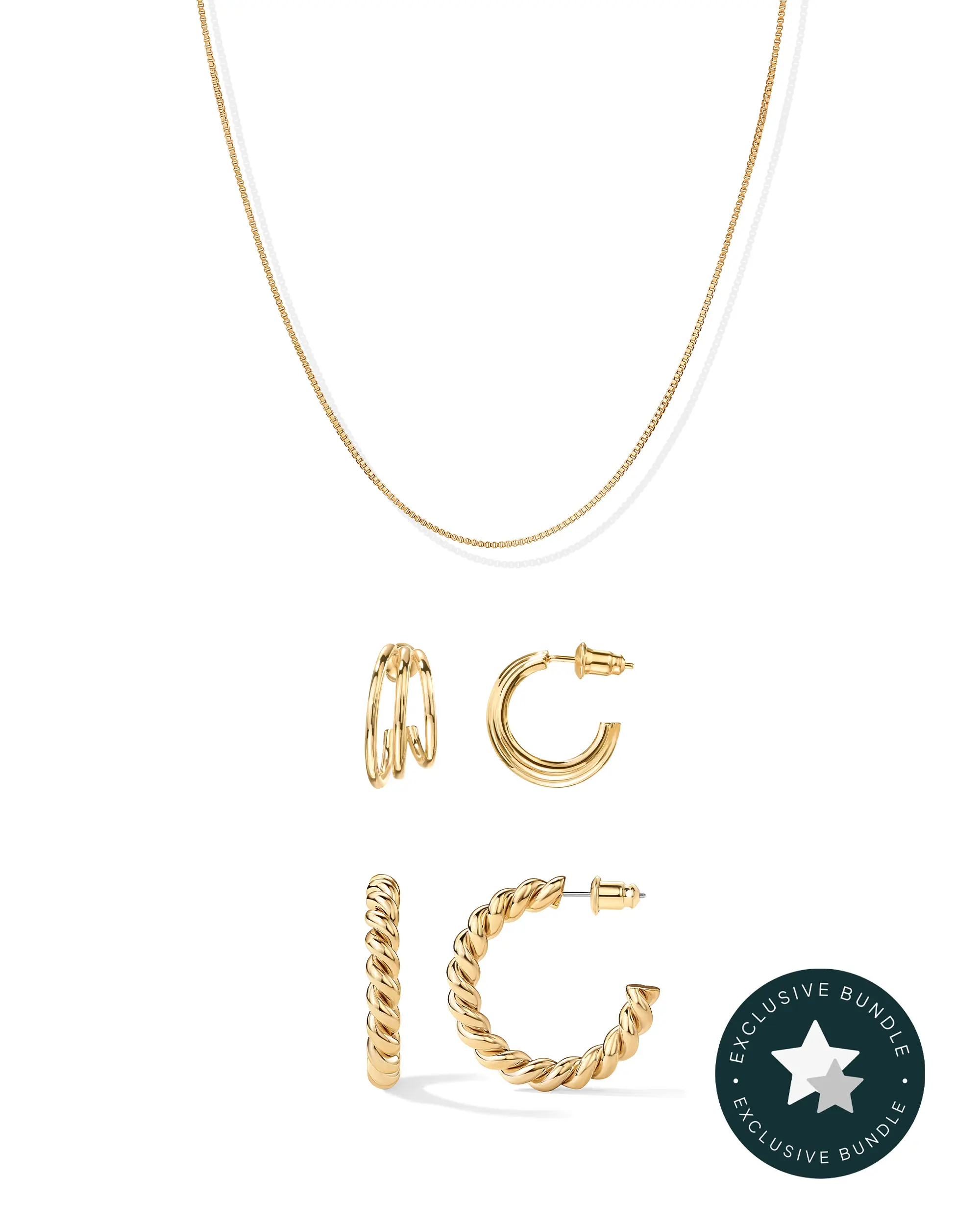 PAVOI 18K Gold Plated Vermeil Jewelry Set – Split Huggie Earrings with Sterling Silver Posts, Twisted Rope Round Hoop Earrings, CZ Hoop Earrings, Thick Infinity Hoops & Adjustable Box Chain Necklace Link - Tiktok Bundle