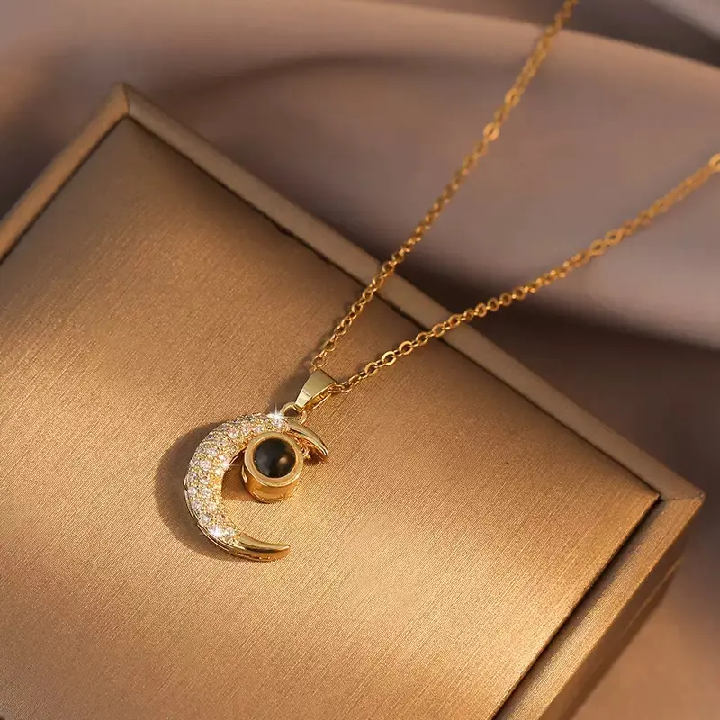 Female Elegant Minimalist "I Love You in 100 Languages" Projection Moon Drop Necklace, 1-Piece Versatile Daily Any Occasion Clavicle Chain Costume Jewelry DZXL3902