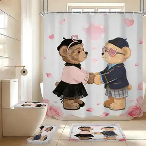 Creative Polo Bear Bath Curtain Set, Valentine's Day School Couple Theme, Includes Toilet Lid, Mat, Hooks, Modern Home Decor, Shower Curtain Sets