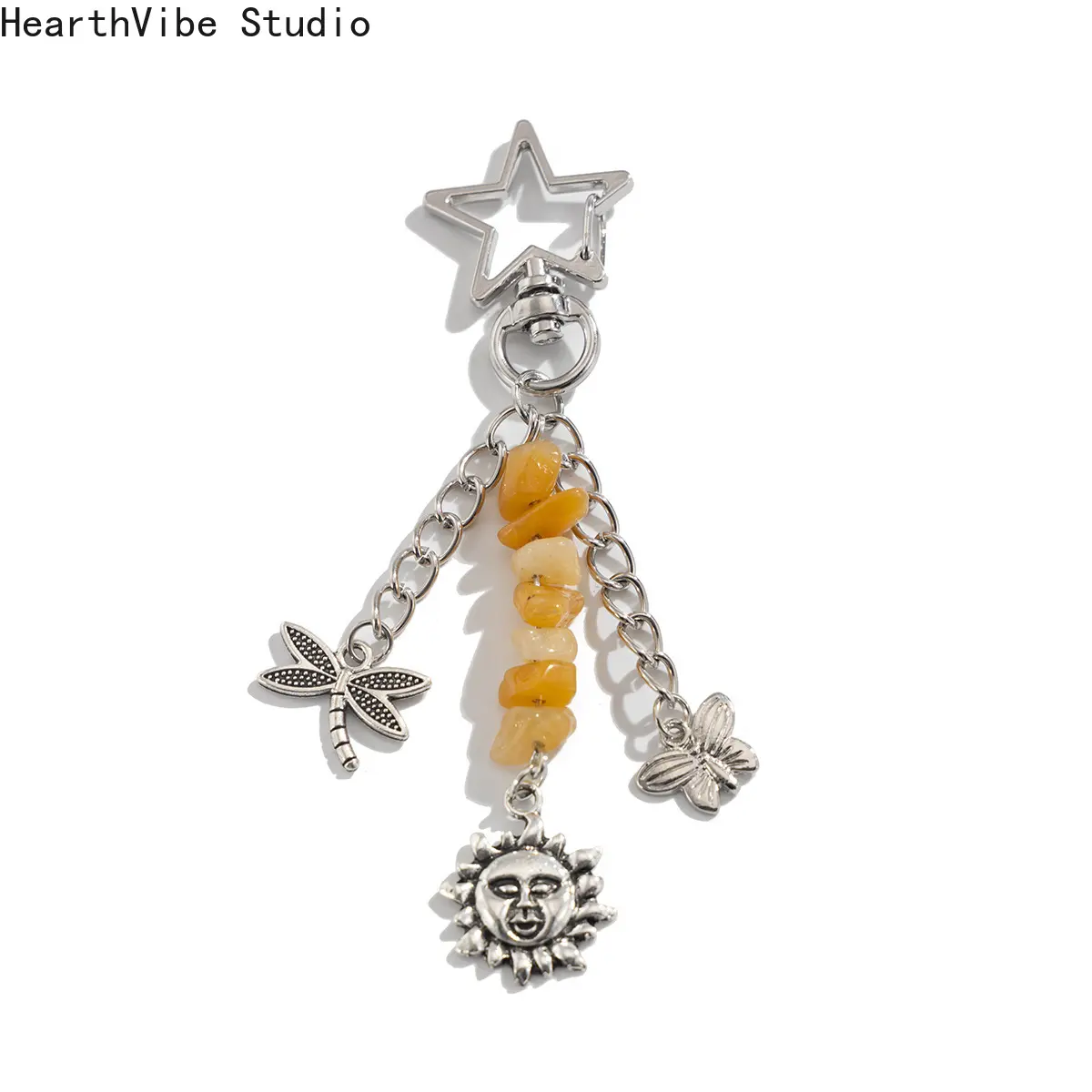 Fashionable Alloy Necklace Keychain - HearthVibe Studio Retro Euro-American Moon Sun Motif Keychain, Irregular Gravel Pendant with Butterfly Dragonfly Charms, Stylish Trendy Cute Accessory, Fashionable Alloy Keychain