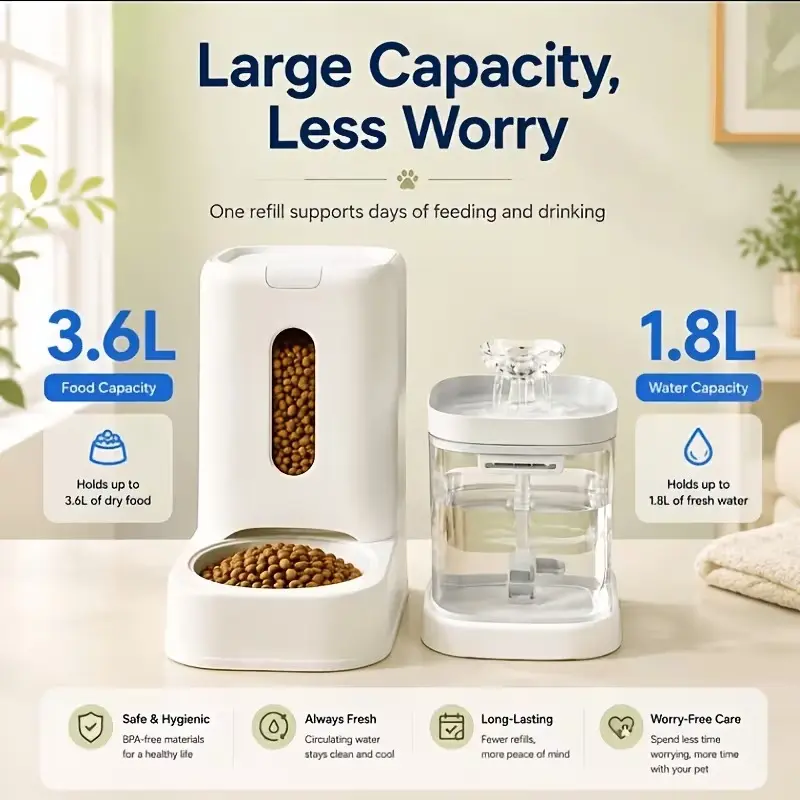 2-in-1 Automatic Pet Feeder & Circulating Water Fountain, 121.73oz Food Dispenser & 60.87oz Fresh Water Dispenser, USB Powered, Ultra-Quiet, Large Capacity, Anti-Jam, Easy-to-Clean Feeding Station for Cats & Small Dogs