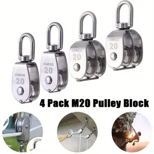 4Pcs/Set M20 Pulley Block,Including 2 Pcs Single Pulley & 2 Pcs Double Pulley,304 Stainless Steel Wire Rope Lifting Swivel Hook,Christmas Party Gifts,Hand Tools Kits