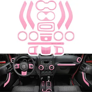 18 PCS Full Set Interior Decoration Trim Kit Steering Wheel Center Console Door Handle Air Conditioning Vent Cup Holder Gear Cover Trim for Jeep Wrangler JK JKU 2011-2018 4-Door (Pink)