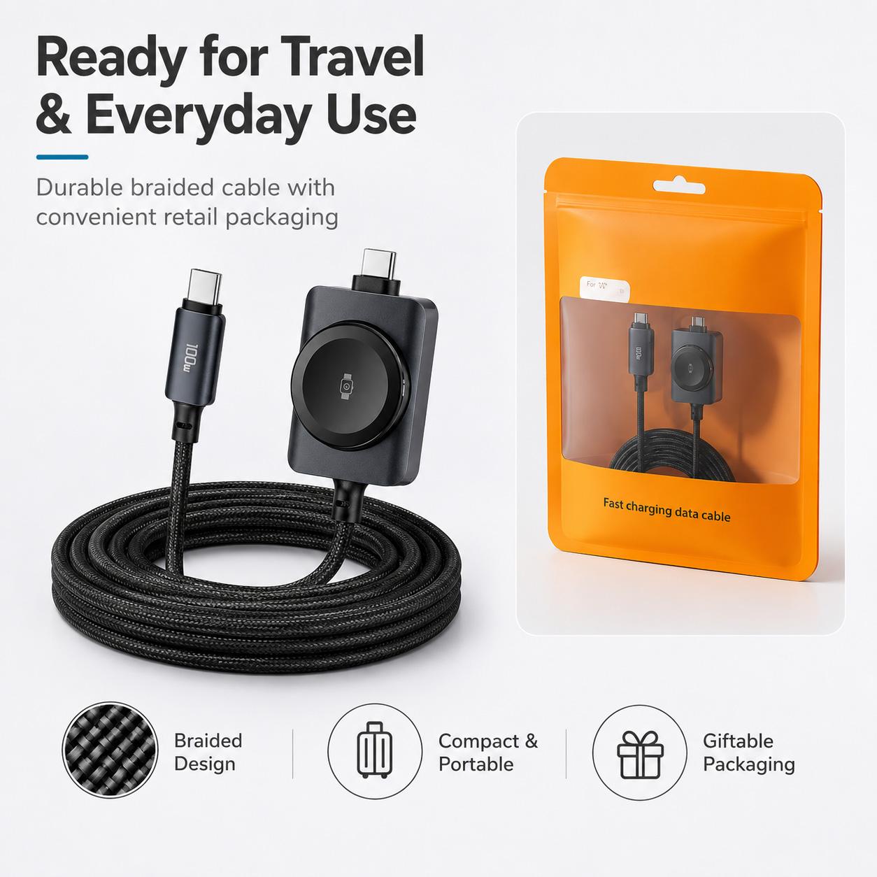 2-in-1 Fast Charging Cable,with Magnetic Watch Charger,100W USB-C PD Fast Charging Braided Cable,5W Magnetic Smartwatch Charger,480Mbps Data Sync Cord Durable Braided Wire for All Device