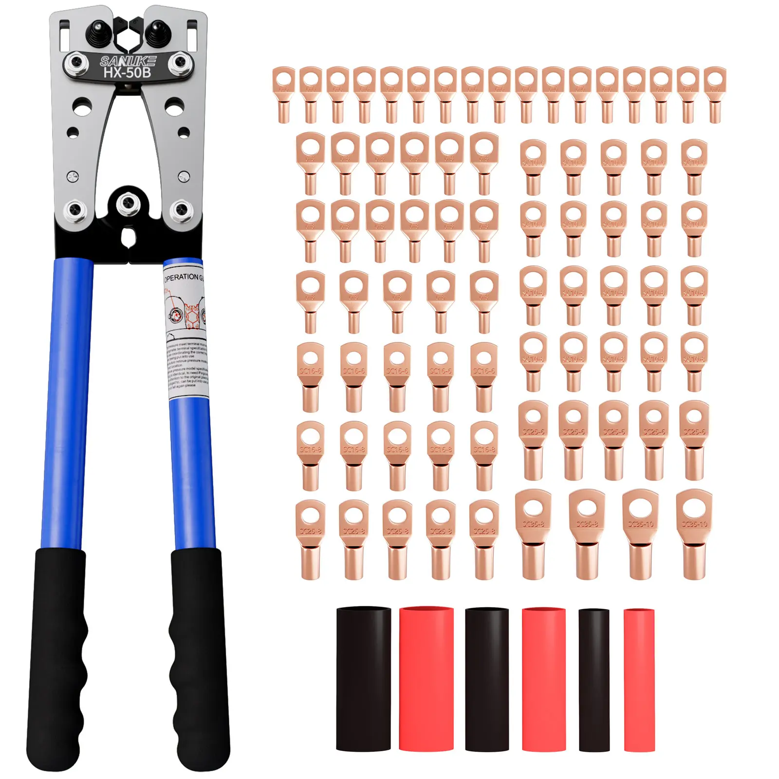 Battery Cable Lug Crimping Tool for AWG 10-1/0 with 78pcs Copper Wire Lugs & 110pcs 3:1 Adhesive Heat Shrink Tubing Wire Crimping Kit