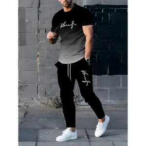 Men's 2-Piece Menswear Casual Polyester 3D Print Ombre Sweatsuit - Round Neck Short Sleeve Slight Stretch Top, Regular Fit Joggers Set, Suitable for Spring/Fall Wear with Letters
