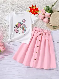 Girls' Casual Cute Crew Neck Colorful Unicorn T-Shirt, Geometric Design, Fitted Style, Random Print, All Seasons, Batch Number 2024012014