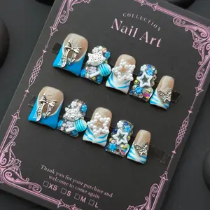 Y2K 10-Piece Handmade Nail Art Stickers, Medium-Length Square Nails, Armor Style, Beach Summer Theme, Fun Colors, Travel & Daily Wear