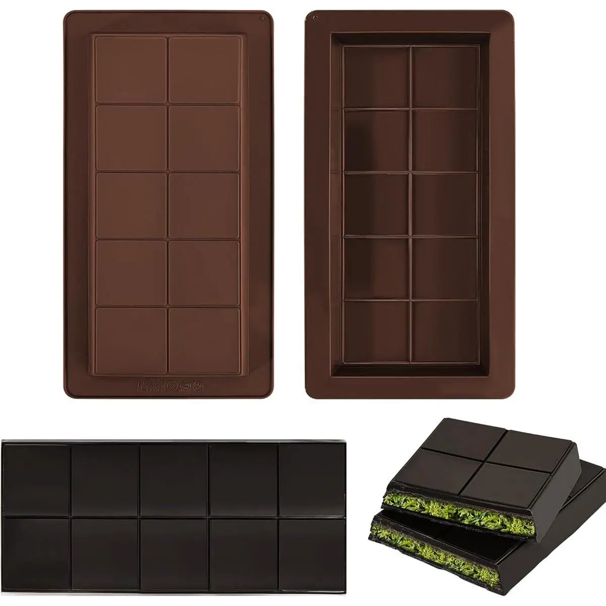 2 Pcs Chocolate Molds Silicone, Deep Chocolate Bar Mold, Non-Stick Food Grade Chocolate Mold for Dubai Chocolate Bar Pistachio, Candy and Chocolate Making - 10 Square Shape