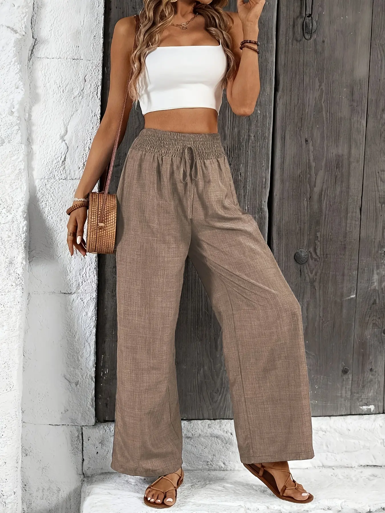 Women'S Solid Color Pleated Waist Loose Wide-Leg Pants