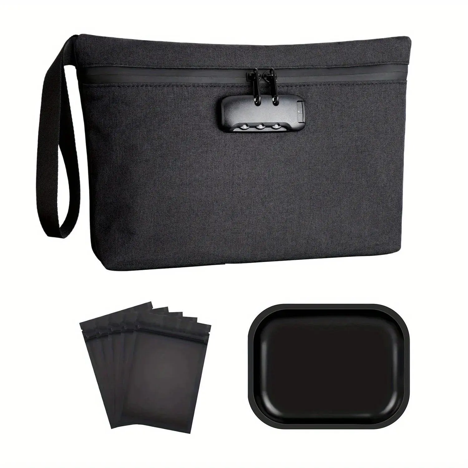 Smell-Proof 7-Piece Organizer Set with Combination Lock, Rolling Tray, Resealable Mylar Bag, Reusable Pouch, Secure Storage Pocket & Travel Zipper Pouch for Organizer Storage Needs