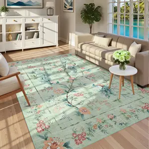 Peacock Floral Print Rug Washable Area Rug Farmhouse Non-slip Decorative Carpet Low Pile Non-linting for Bedroom Dining Room Office