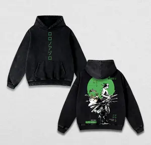 Roronoa Zoro Vintage Washed Hoodie & Tee – Double-Sided One Piece Graphic Streetwear, Acid Wash Oversized Fit, Retro Casual Anime & Manga Outfit for True Fans