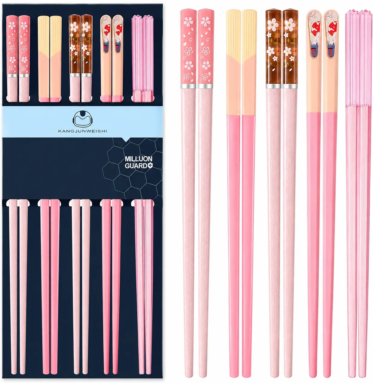 5 Pairs Pink Fiberglass Chopsticks, Reusable Non-Slip Asian Eating Utensils, Heat-Resistant, Dishwasher-Safe for Sushi, Ramen, Rice & Dumplings