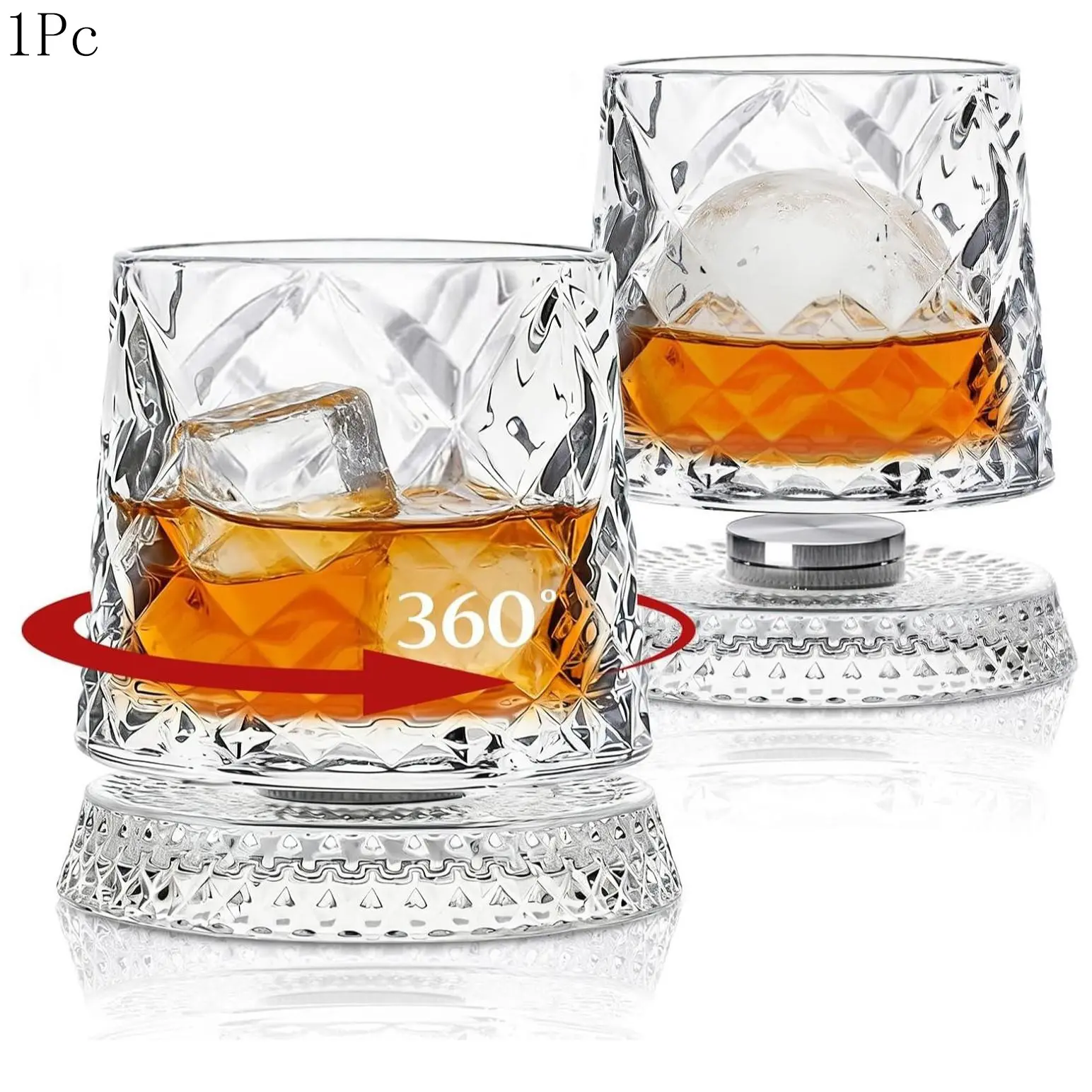 1/2Pcs 360° Rotating Whiskey Bourbon Drinking Glass Tumbler Set, Lead-Free Crystal Glass, Thick Base Design, Ideal for Bourbon & Scotch, Unique Gift for Men, Father's Day Present