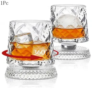 1/2Pcs 360° Rotating Whiskey Glass Tumbler Set, Lead-Free Crystal Glass, Thick Base Design, Ideal for Bourbon & Scotch, Unique Gift for Men, Father's Day Present