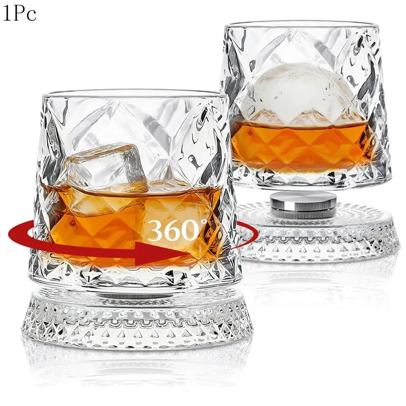 1/2Pcs 360° Rotating Whiskey Bourbon Drinking Whiskey Glasses Tumbler Set, Lead-Free Crystal Glass, Thick Base Design, Ideal for Bourbon & Scotch, Unique Gift for Men, Father's Day Present, Glass Tumblers Set