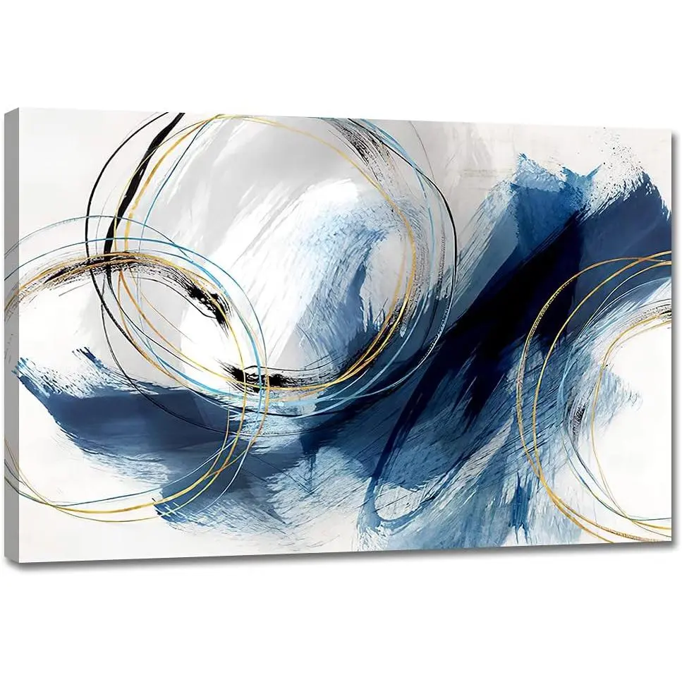 GaoSoul Artistic Abstract Wood Frame Wall Canvas Print - Blue Fantasy Colorful Graffiti on White Background, 24x16in Waterproof Print, Stable Modern Home Decoration for Living Room Bedroom, Blueblack Poster Ornament Gift