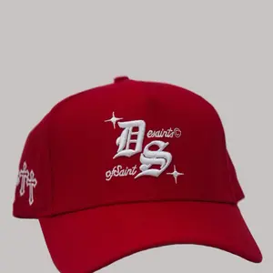 Desaints Classic Red Snapback Hat with White Embroidered Logo and Cross Detail