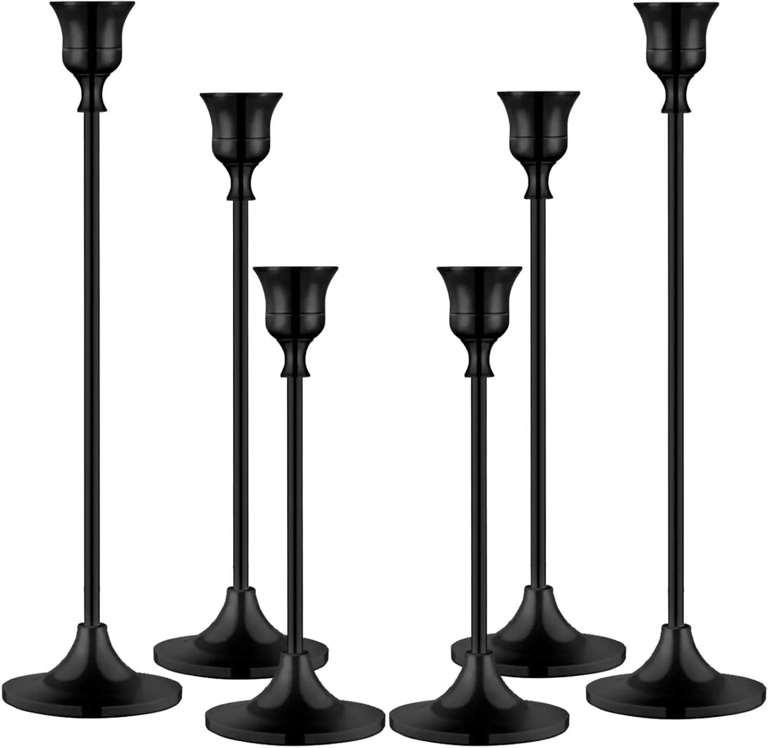 Matt Black Iron Metal Tall Modern Candle Holders - 2 Sets (6 Pcs) Multi-Size Home Supplies for 3/4 Inch & 7/8 Inch Candles, Taper, Pillar, Cup | Halloween, Home Decor Table Centerpiece, Anniversary