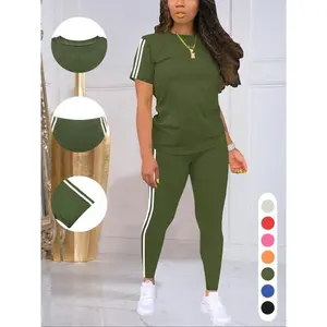 Summer Clothing for Ladies Suits WomenswearWomen Side Stripe T-shirt and Pants Set,Casual Round Neck Short Sleeve,