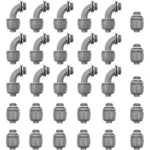 30 Pack 1/2 Inch Flexible Conduit Connectors, 15 Pack 90-Degree and 15 Pack 180-Degree PVC Conduit Fittings, Grey Liquid-Tight Connector for Home, UL Listed