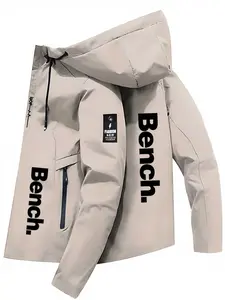 Men's Fashion Jacket with Bench Logo, Stylish Zipper Pockets, Casual Hooded Design, Suitable for Spring & Fall, Polyester Material