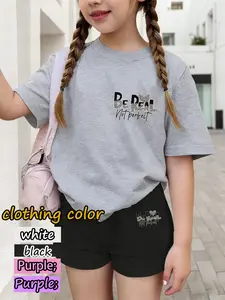 Girls' Personality Attitude Set, Chest Pants 'be Real Not Perfect,' Leopard Letter Print, Short Sleeve Shorts, Casual Style, Clothing Set, Fashion Clothes Set