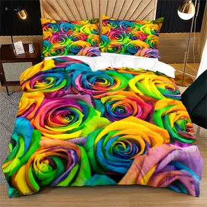 Rainbow Rose Pattern Soft Durable Bedding Set, Includes 1 Fitted Sheet & Pillowcases, Modern Style Bedroom Decor Gift for Teens Adults