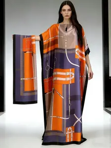 1dress+1scarf Viral Rust Orange Geometric Belt Print Satin Kaftan Maxi Dress with Matching Scarf – Silky Loose Fit, Plus Size Friendly, Luxury Loungewear, Beach Cover Up & Evening Party Wear, Must-Have Resort Fashion Piece