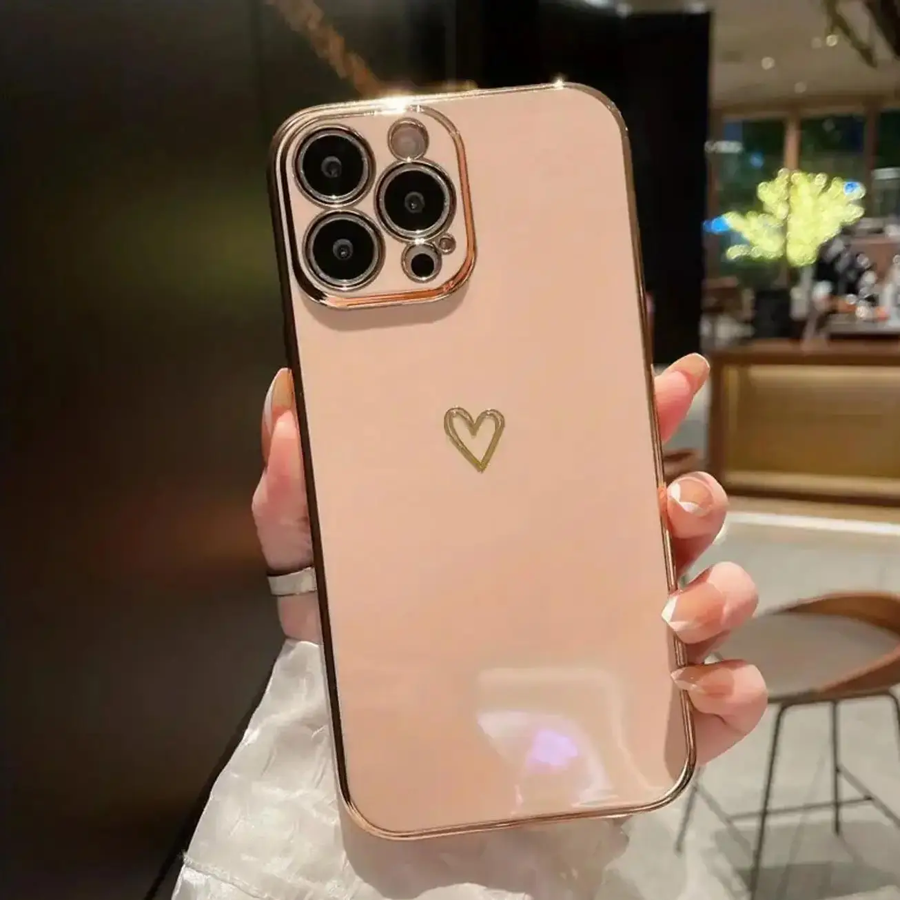 Fashion Heart Pattern Phone Case With Camera Protective Cover, 1 Count Plating Love Heart Shockproof Phone Cover for iPhone XR 14 13 12 11 15 Pro Max