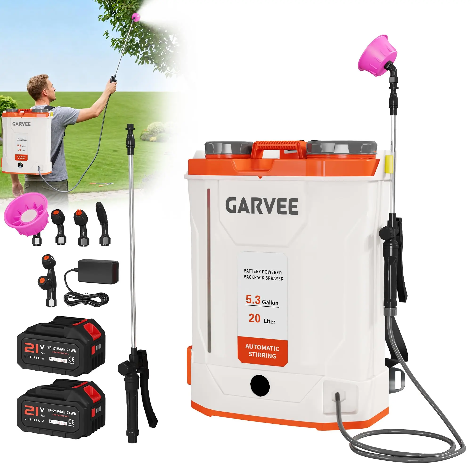 Garvee Battery-Powered Backpack Spray Device Watering Equipment - Portable Outdoor Garden Water-Spraying Tool, 3.2/5.3 Gal Sizes, 5 Interchangeable Nozzles, Up to 4-Hour Runtime for Home Improvement Garden Tasks
