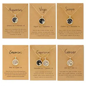 12 Zodiac Sign Necklace Gold Coin Pendant Astrology Jewelry, Lucky Symbol Stainless Steel Birthday Gift for Women Men Couples Friends