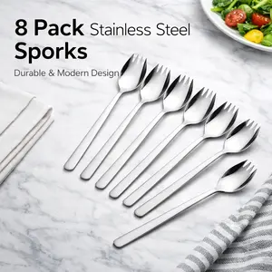8 Pack 18/10 Stainless Steel Sporks – 7.4 Inch Long Handle, Reusable Flatware for Salad, Dessert, Ice Cream, Fruit – Heavy Duty & Dishwasher Safe
