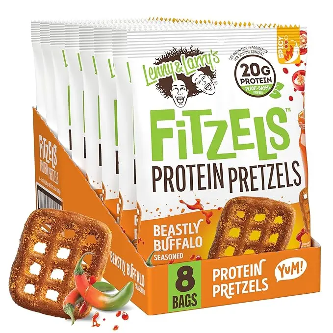 Lenny & Larry's FITZELS Protein Pretzels [Beastly Buffalo] – 8 x 3oz Bags of High Protein Snacks with 20g Plant Based Protein – Vegan Snack – Incredibly Tasty with Salty Crunch