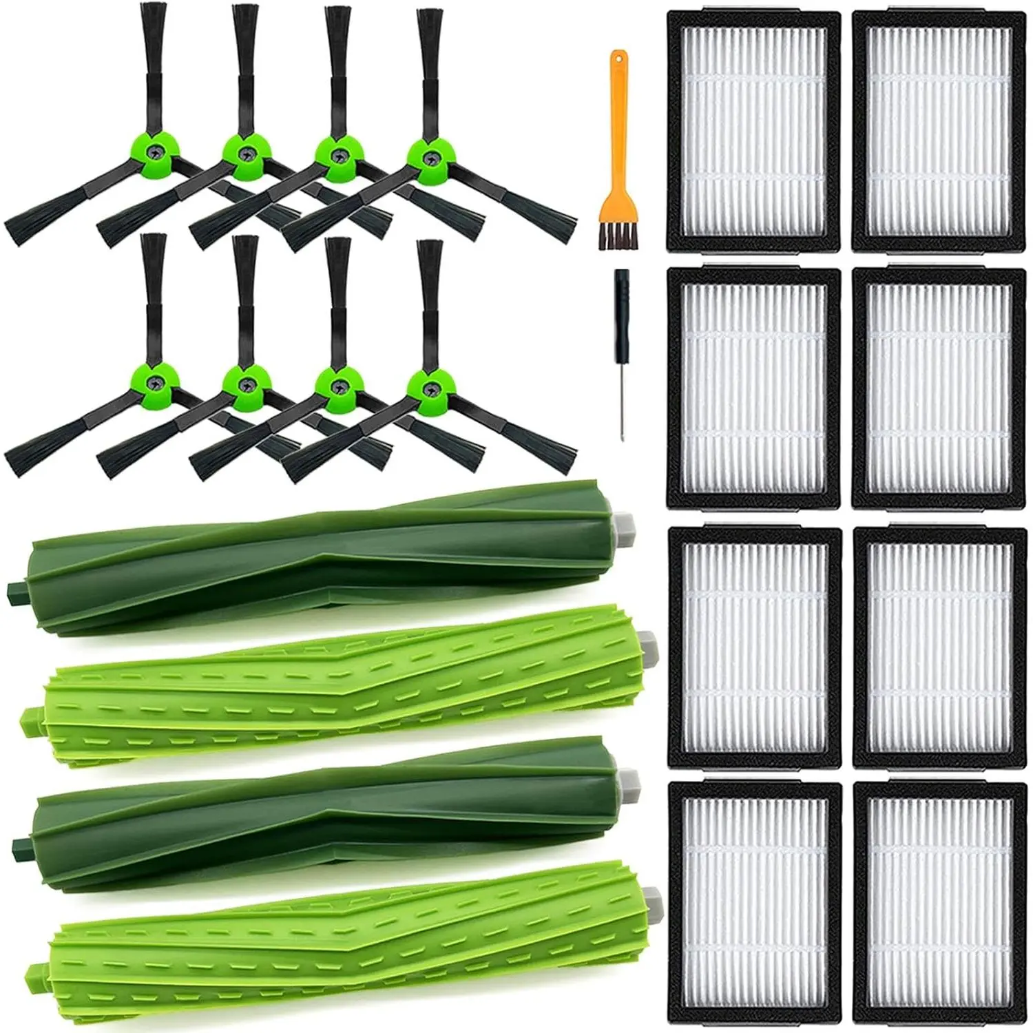 Robot Vacuum Replacement Parts for E5-E7, i1-i8+/Plus, E, i, j Series House Cleaning Robots, 2 Multi-Surface Roller Brush Sets, 8 Pack Filters, 8 Side Brushes for Removable & HEPA Filter Attachment Robotic Vacuums