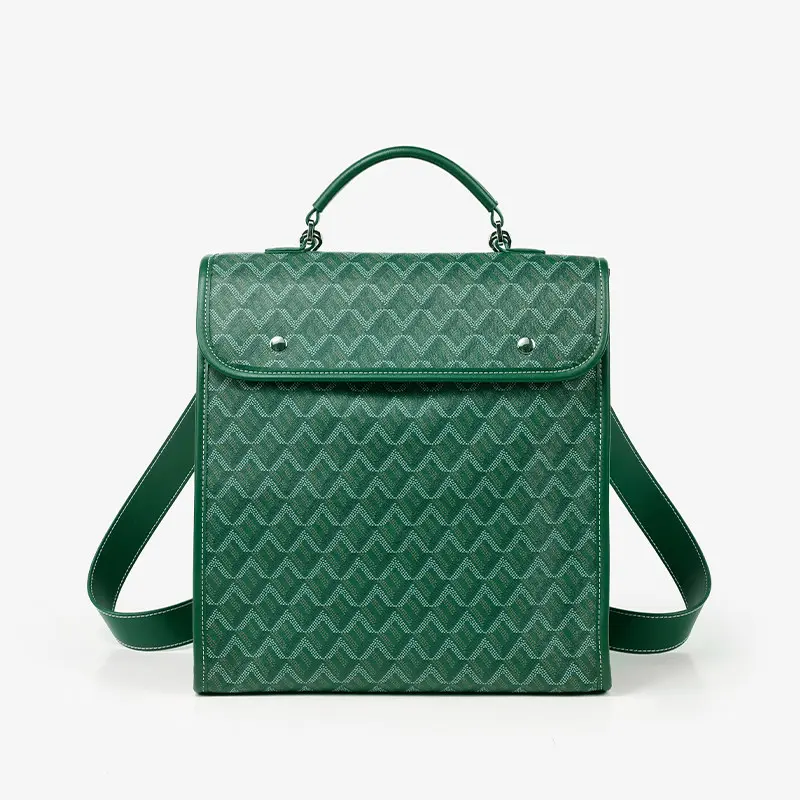 Green Monogram Print Backpack for Women Vintage Chevron Flap Rucksack Travel Daypack Fashion Top Handle Shoulder Bag Lightweight Casual Work School Bookbag College Laptop Purse Classic Emerald Emerald Green Leather Accent
