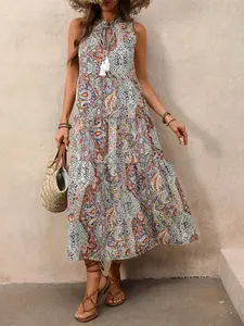 Vintage Fringe Sleeveless Paisley Print Maxi Dress, Elegant Boho Style, Summer Fashion, Women's Casual Wear, Bohemian Casual Wear, Party Dresses