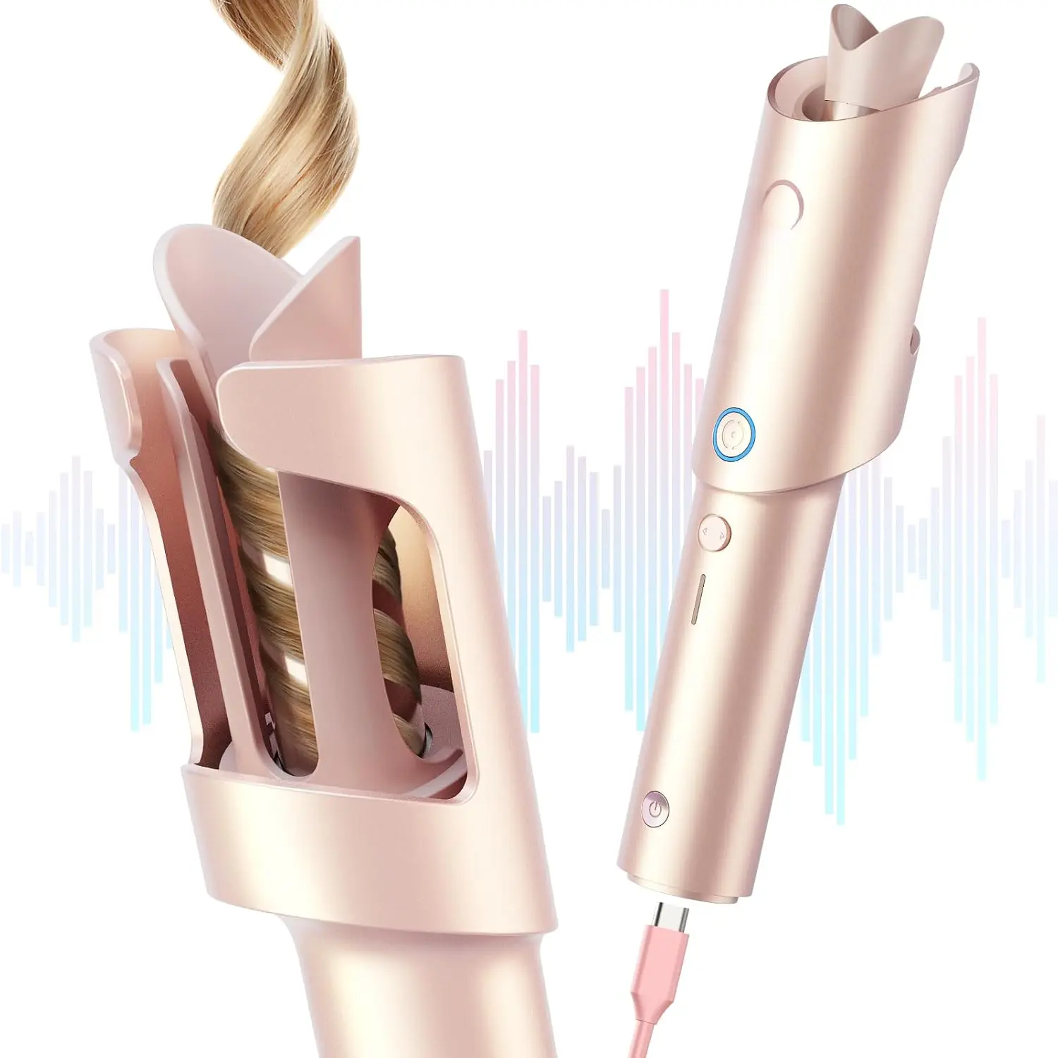 Cordless Automatic Curling Iron -  CurlGo 1 Inch Beach Waves Rotating Curling Wand, Dual Voltage & Rechargeable Portable Hair Curler for Travel, Safe & -Free, Gold Blush