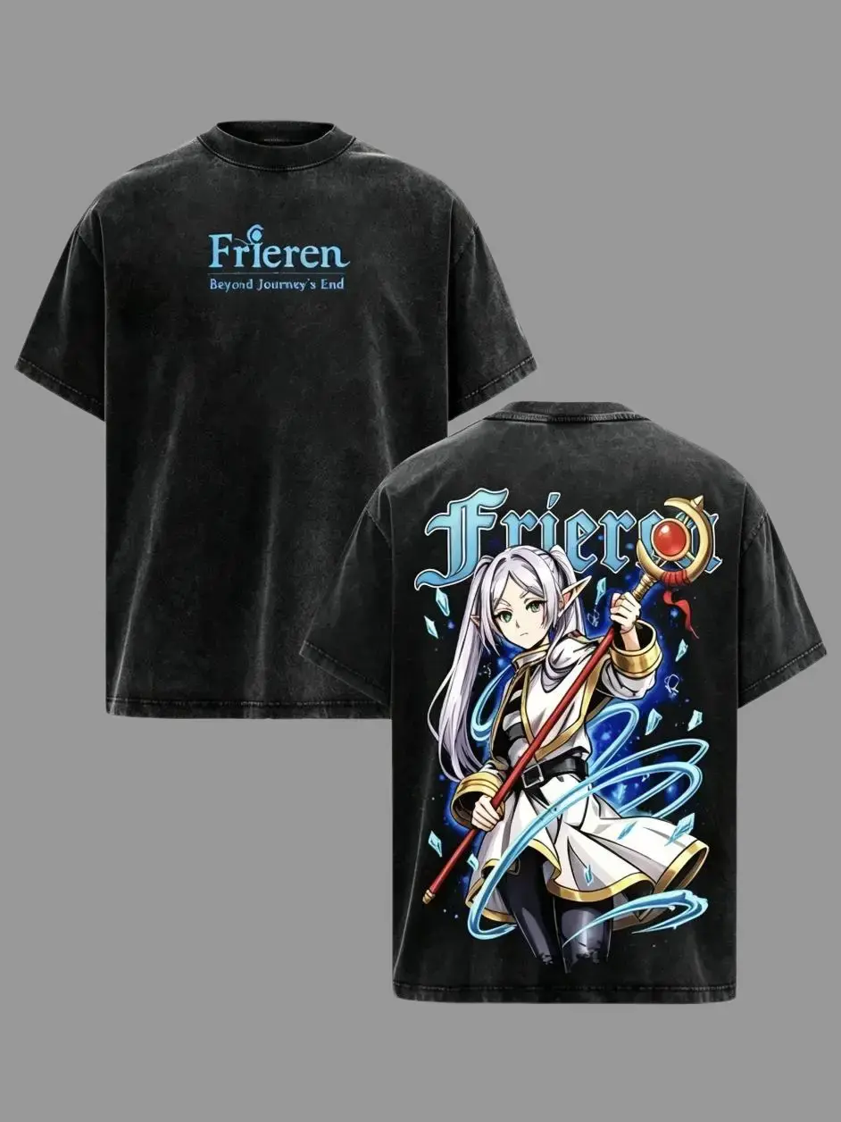 Unisex Vintage Acid Wash T-shirt Front Blue Gothic Font "Frieren Beyond Journey's End" Text Print Back Full Color Elf Mage Frieren With Magic Staff Ice Crystal Effect Cartoon Graphic Casual Fantasy Anime Streetwear Oversized Top for Men Women