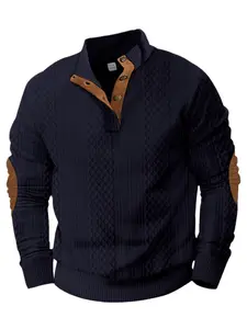 Men's Thin Long Sleeve Sweatshirt, High-End Texture, New Design Metal Button Stand Collar, Elbow Patch Random, Casual Daily Wear