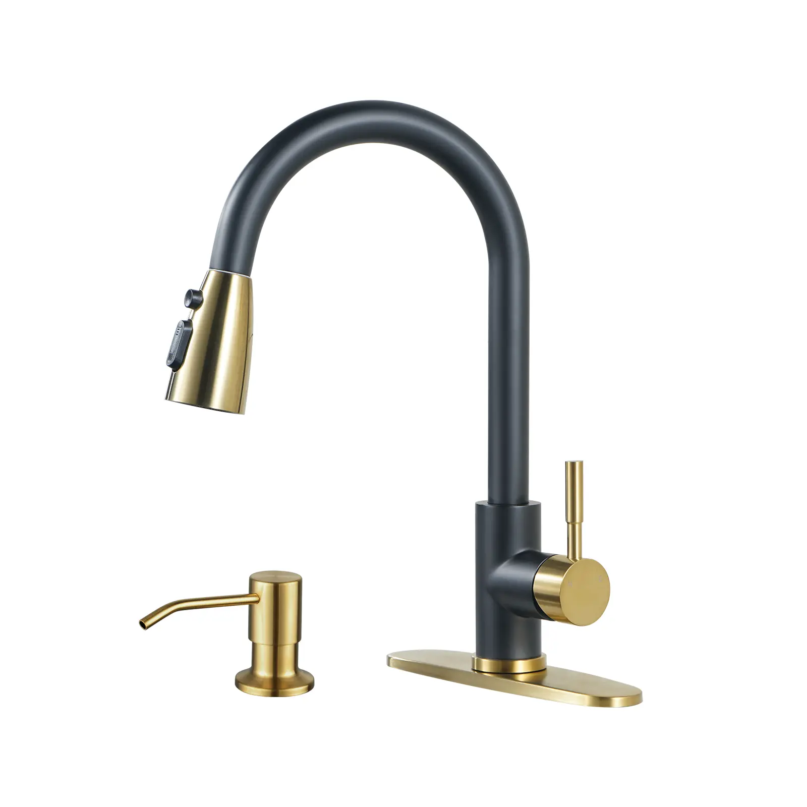 WOWOW Black and Gold Stainless Steel Kitchen Faucet Set - Single Handle High Arc Pull-Out Sprayer with Ceramic Valve, High-Capacity Soap Dispenser, Rustic Classic Glam Design, Water-Saving for Kitchen Sink, RV Compatible