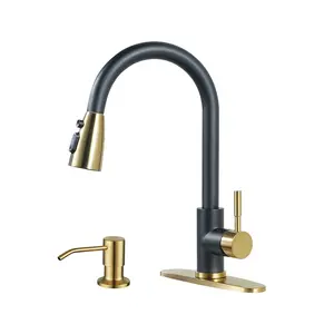 WOWOW Black and Gold Stainless Steel Kitchen Faucet Set Pack - Single Handle High Arc Shape Pull-Out Spray Faucet with High Capacity Soap Dispenser, Water Saving for Kitchen Sink, RV